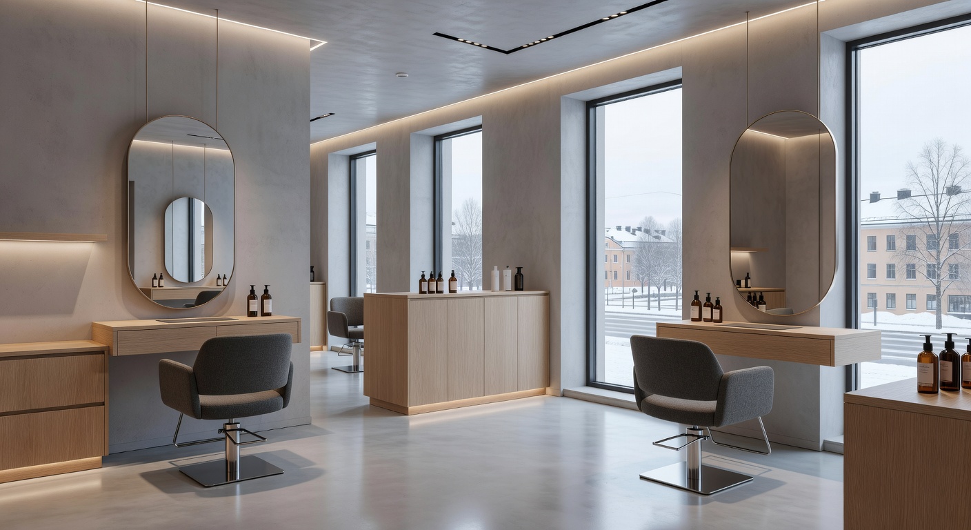 Elegant interior of Virexospace premium hair salon in Helsinki Finland